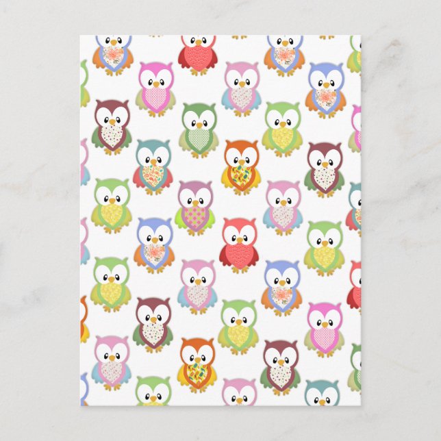 Cute soft colourful owls different chest patterns postcard (Front)
