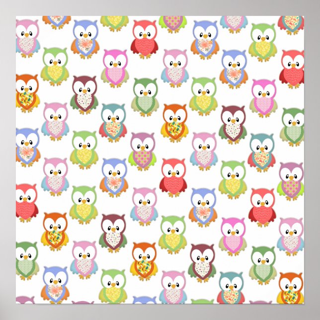 Cute soft colourful owls different chest patterns poster (Front)