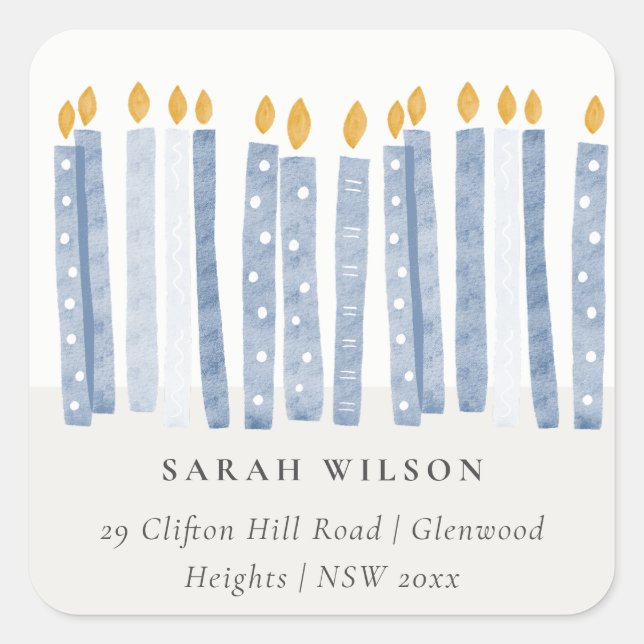 Cute Soft Pastel Blue Watercolor Candles Address Square Sticker (Front)