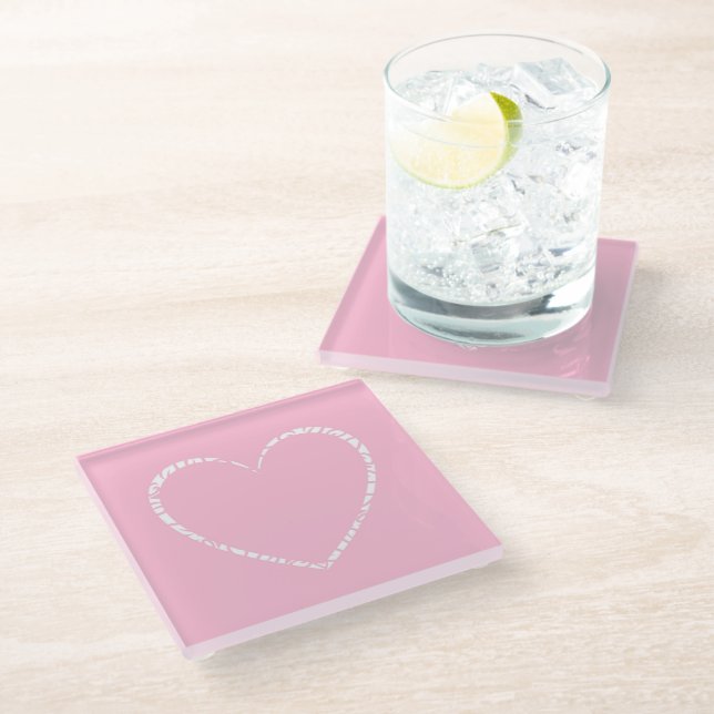 Cute, Soft Pink Decorated Heart Glass Coaster (Angled)