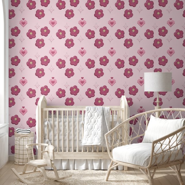 Cute Soft Pink Flowers and Hearts Home Floral Wallpaper (Kids)