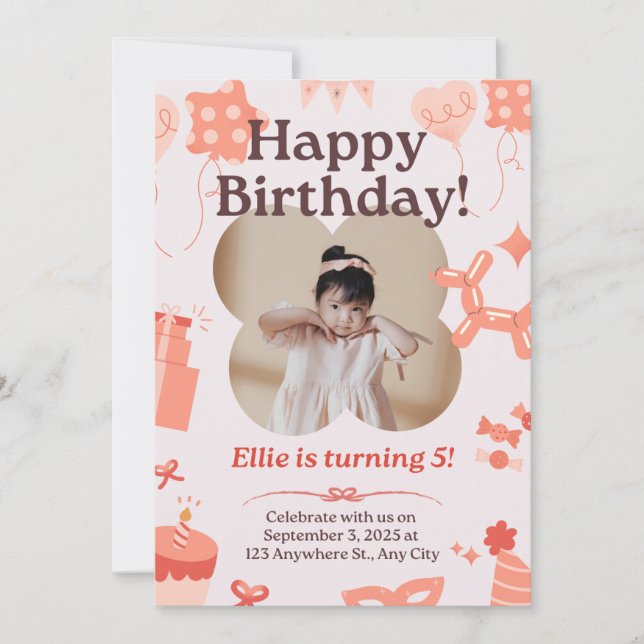 Cute Soft Pink Happy Birthday Kid Party Invitation (Front)
