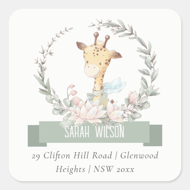 Cute Soft Safari Giraffe Floral Wreath Address Square Sticker (Front)