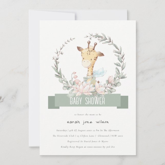 Cute Soft Safari Giraffe Floral Wreath Baby Shower Invitation (Front)