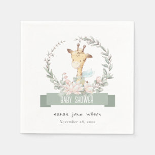 Cute Soft Safari Giraffe Floral Wreath Baby Shower Napkin