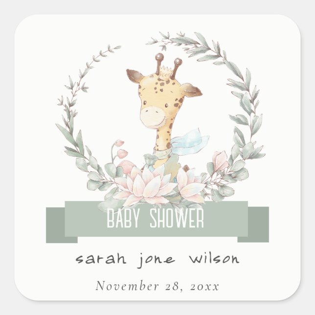 Cute Soft Safari Giraffe Floral Wreath Baby Shower Square Sticker (Front)