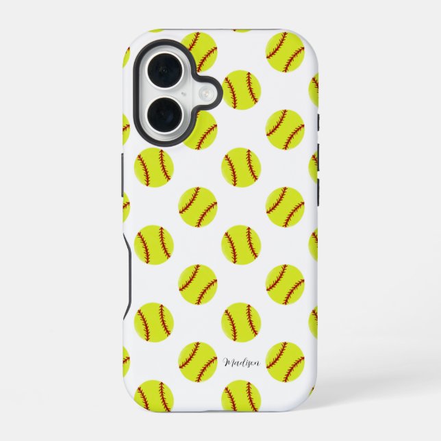 Cute Softball Pattern Personalised Name iPhone 16 Case (Back)