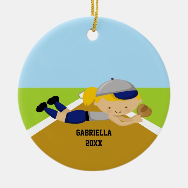 Cute Softball Player in Blue & Grey Ornament (Front)