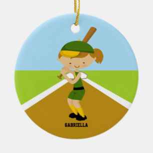 Cute Softball Player in Green & Yellow Ornament