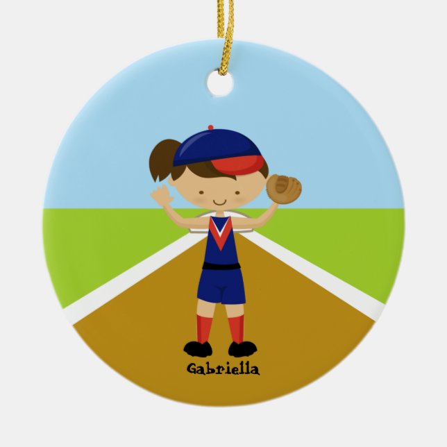 Cute Softball Player in Red & Blue Ornament (Front)