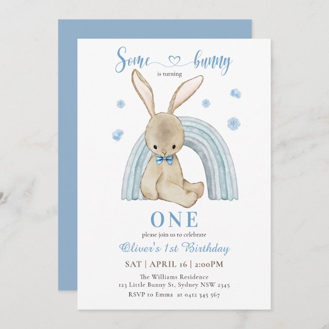 Cute Some Bunny Is Turning One Boy First Birthday Invitation (Front/Back)