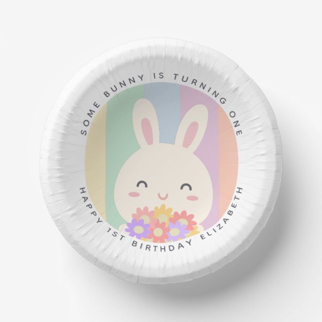 Cute Some Bunny is Turning One Rainbow Birthday Paper Plate (Front)