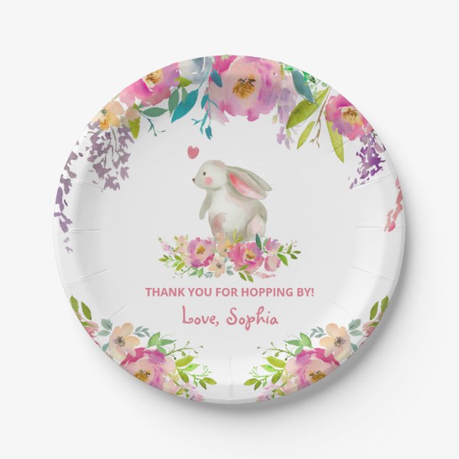 Cute Some Bunny Pink Floral Girl Birthday Paper Plate (Front)