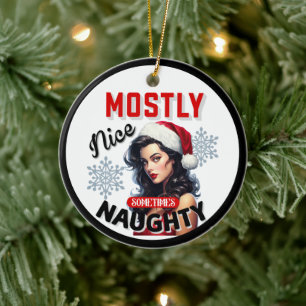 Cute Sometimes Naughty Retro Christmas Pinup Ceramic Ornament
