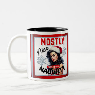 Cute Sometimes Naughty Retro Christmas Pinup Two-Tone Coffee Mug