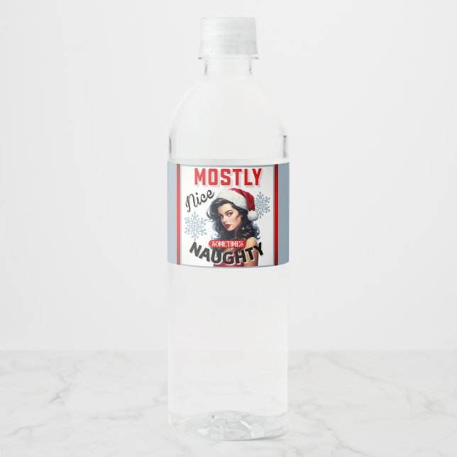 Cute Sometimes Naughty Retro Christmas Pinup Water Bottle Label (Front)