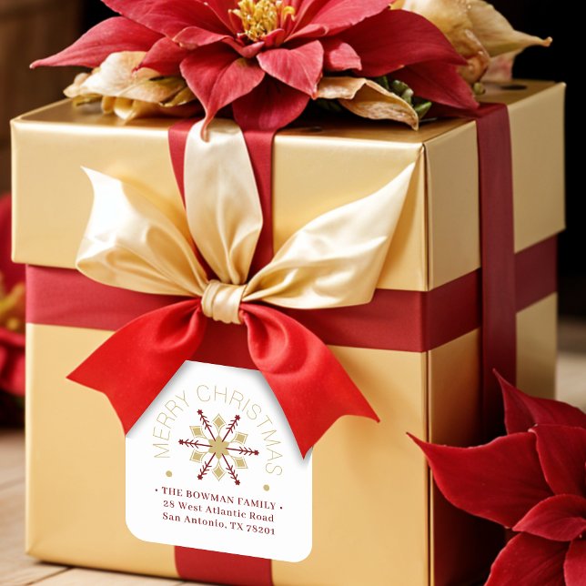 Cute Sophisticated Gold & Red Snowflake Winter Square Sticker (Cute Sophisticated Faux Golden & Dark Red Snowflake Christmas Winter Square Stickers. )