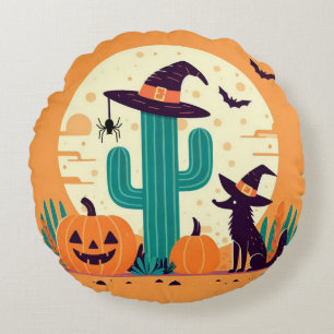 Cute, southwestern Halloween desert/cactus Round Cushion