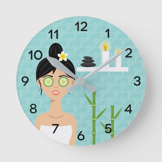 Cute Spa Woman With Candles & Bamboo Illustration Round Clock (Front)