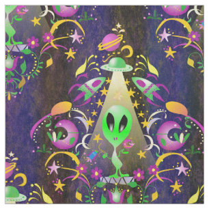 Cute Space Alien Floral SciFi Damask Fabric