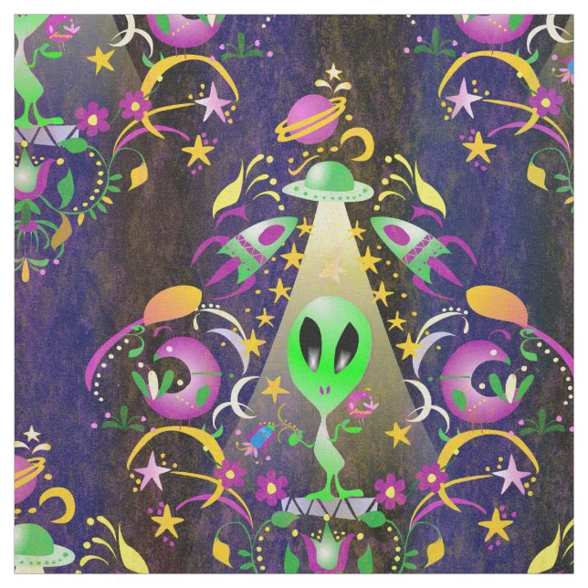 Cute Space Alien Floral SciFi Damask Fabric (Swatch)