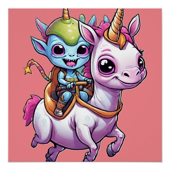 Cute Space Alien riding unicorn funny UFO  Poster (Front)