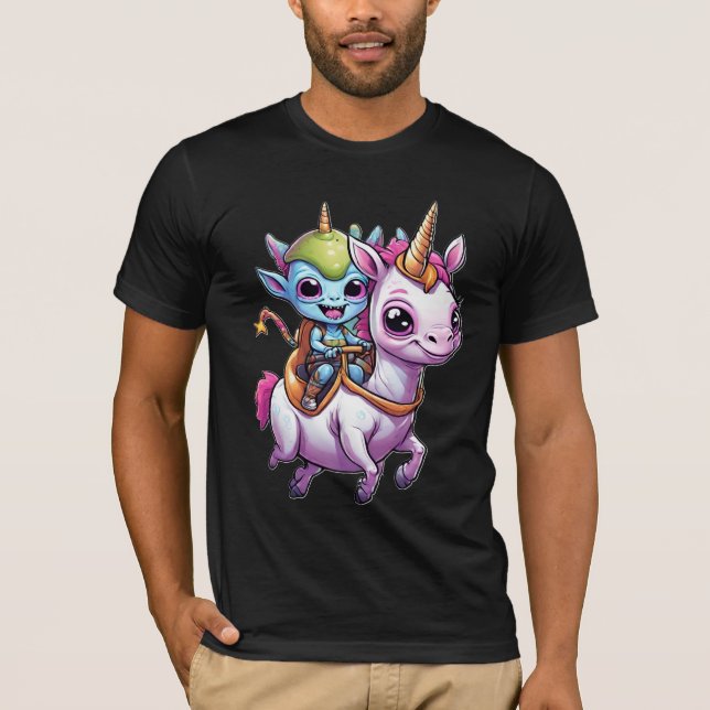 Cute Space Alien riding unicorn funny UFO  T-Shirt (Front)