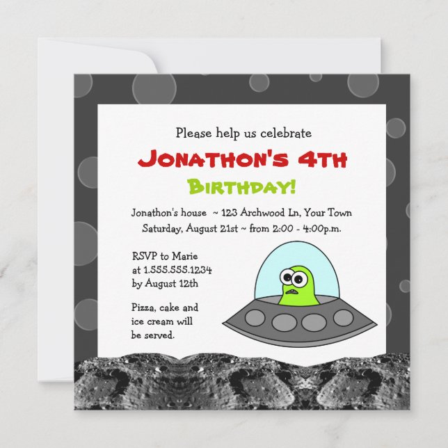 Cute Space Alien Theme Kids Birthday Invitation (Front)