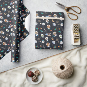 Cute Space Animals with Gold Stardust Trails Wrapping Paper