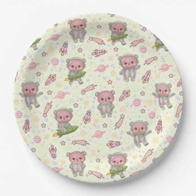 Cute Space Astronaut Bear Seamless Pattern Paper Plate (Front)