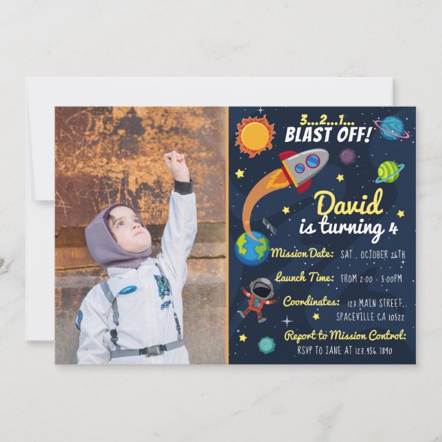 Cute Space Birthday Invitation with Photo (Front)