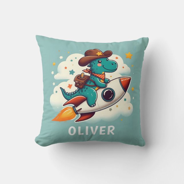 Cute Space Cowboy Dinosaur Riding Rocket  Cushion (Front)