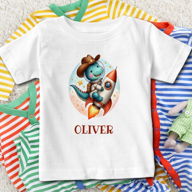 Cute Space Cowboy Trex on a Space Rocket Baby T-Shirt (Creator Uploaded)