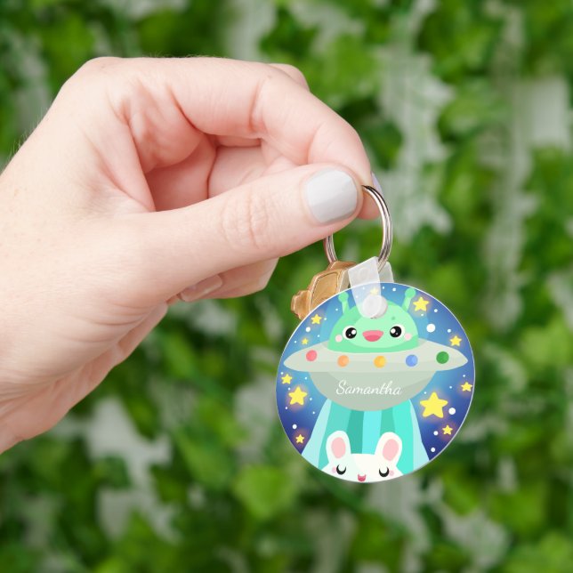 Cute Space Creature And Bunny Rabbit Key Ring (Hand)