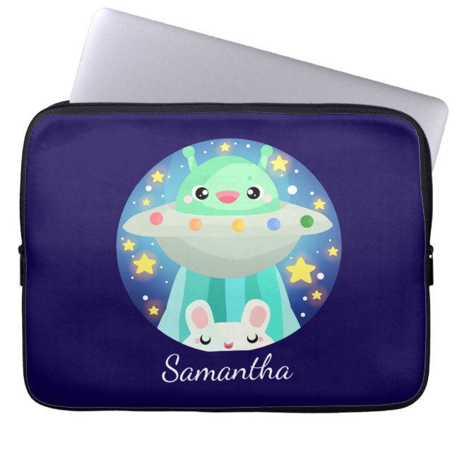 Cute Space Creature And Bunny Rabbit Laptop Sleeve (Front)