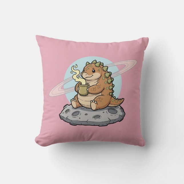 Cute Space Dinosaur Coffee Illustration Cushion (Front)