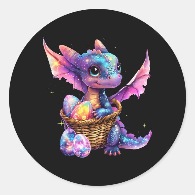 Cute Space Dragon Collecting Easter Eggs Bas Classic Round Sticker (Front)