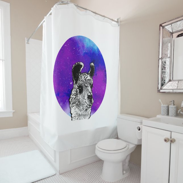 Cute Space Llama Shower Curtain (In Situ)