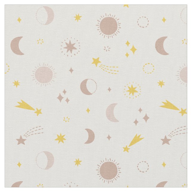 Cute space moon sun stars on cream fabric (Close Up)