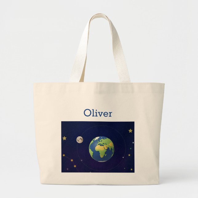 Cute Space Outer Solar System Personalised Name Large Tote Bag (Front)