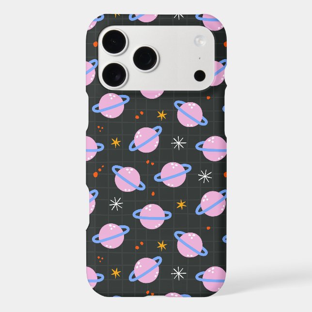 Cute Space Planets & Stars Grid Black Pattern (Back)