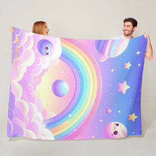 Cute Space Rainbow Design – Kawaii Planets & Stars Fleece Blanket
