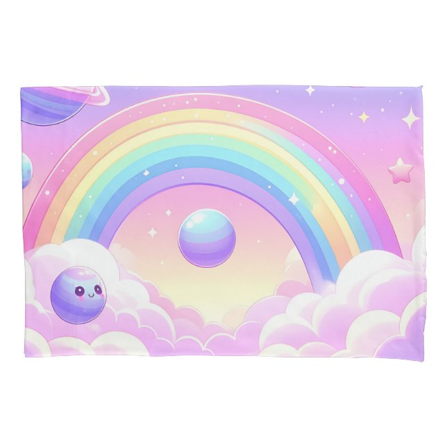 Cute Space Rainbow Design – Kawaii Planets & Stars Pillowcase (Front)