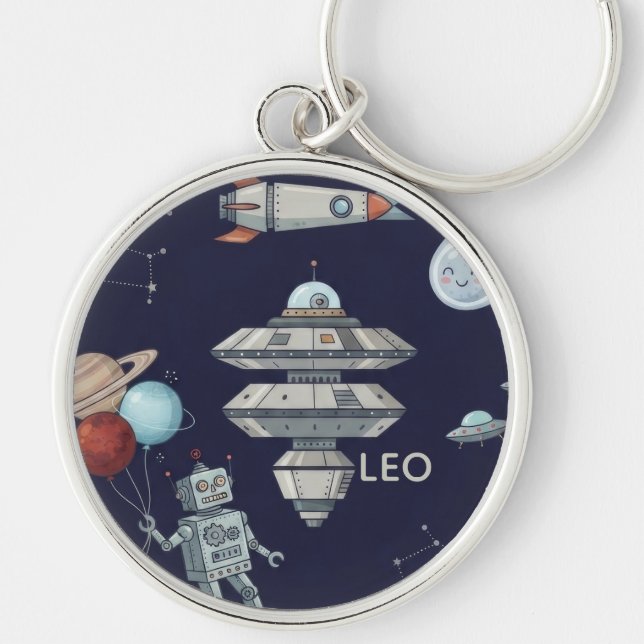 Cute Space Robot Birthday Party Key Ring (Front)