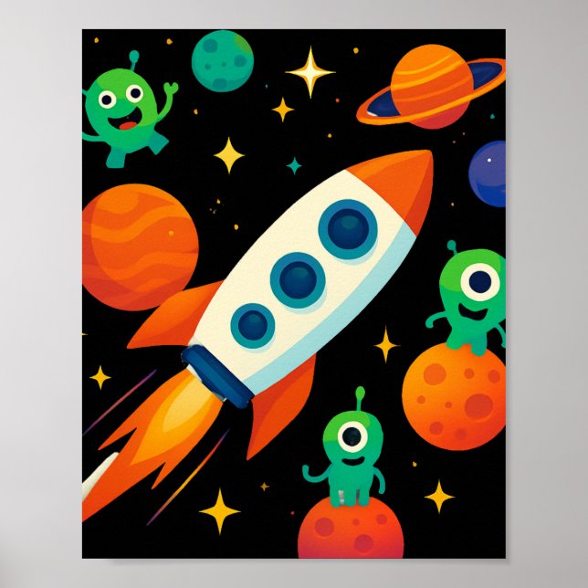Cute Space Rocket & Aliens Art Poster (Front)