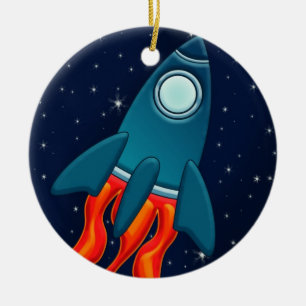 Cute Space Rocket and Outer Space Design Ceramic Ornament