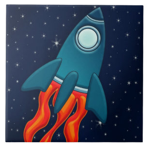 Cute Space Rocket and Outer Space Design Ceramic Tile