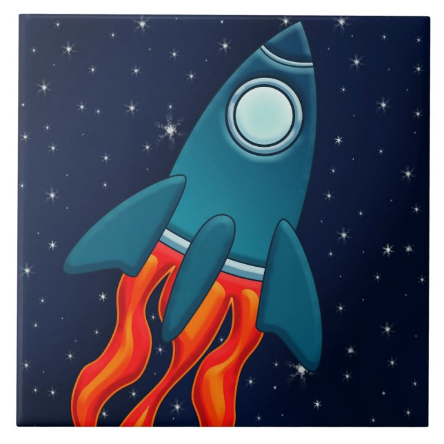Cute Space Rocket and Outer Space Design Ceramic Tile (Front)