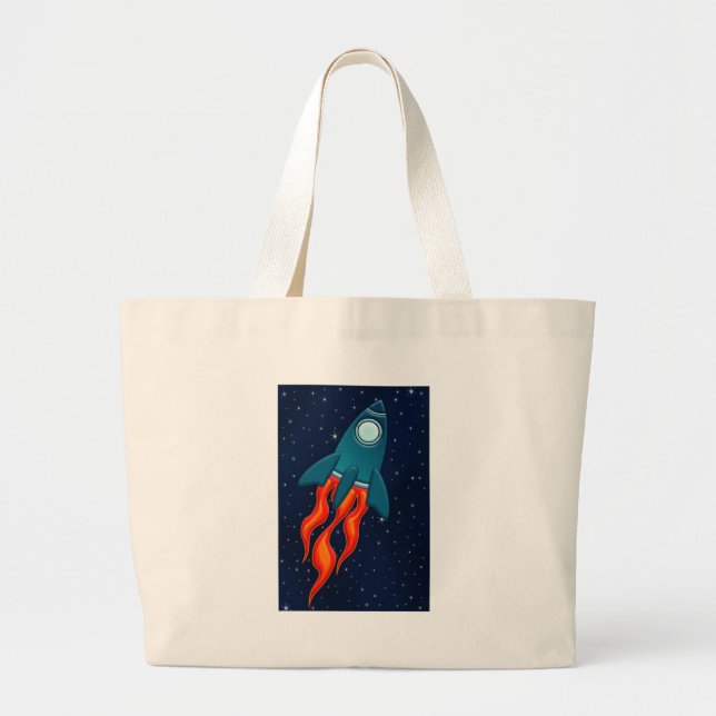 Cute Space Rocket and Outer Space Design Large Tote Bag (Front)