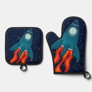 Cute Space Rocket and Outer Space Design Oven Mitt & Pot Holder Set